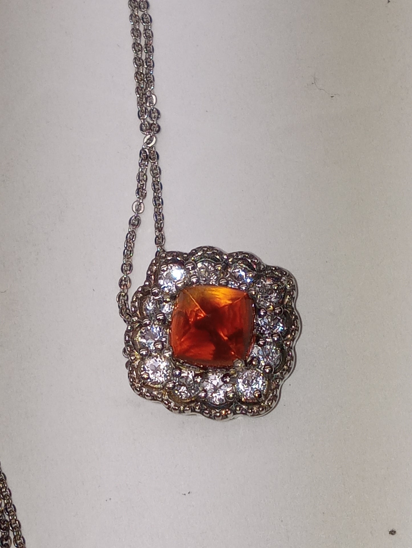 pendant necklace cherry citrine, white zircon Halo, in platinum over sterling silver, 20inches, 2.85ctw