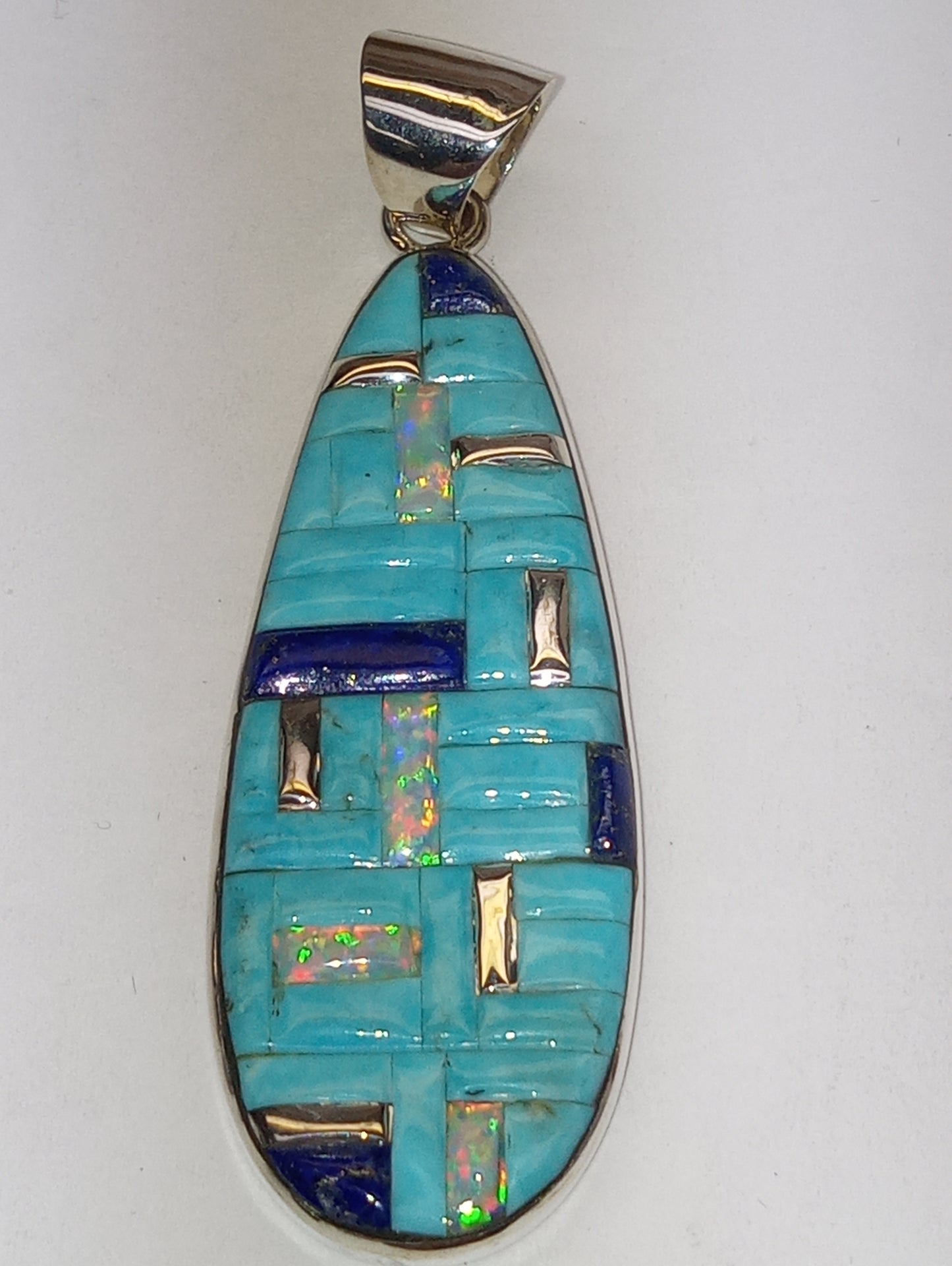 pendant Santa Fe Style multi-gemstone, lab created opal, in sterling silver