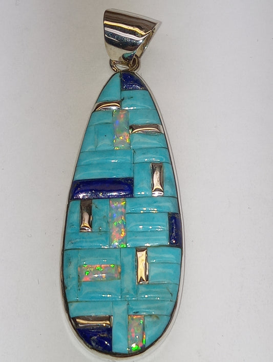 pendant Santa Fe Style multi-gemstone, lab created opal, in sterling silver