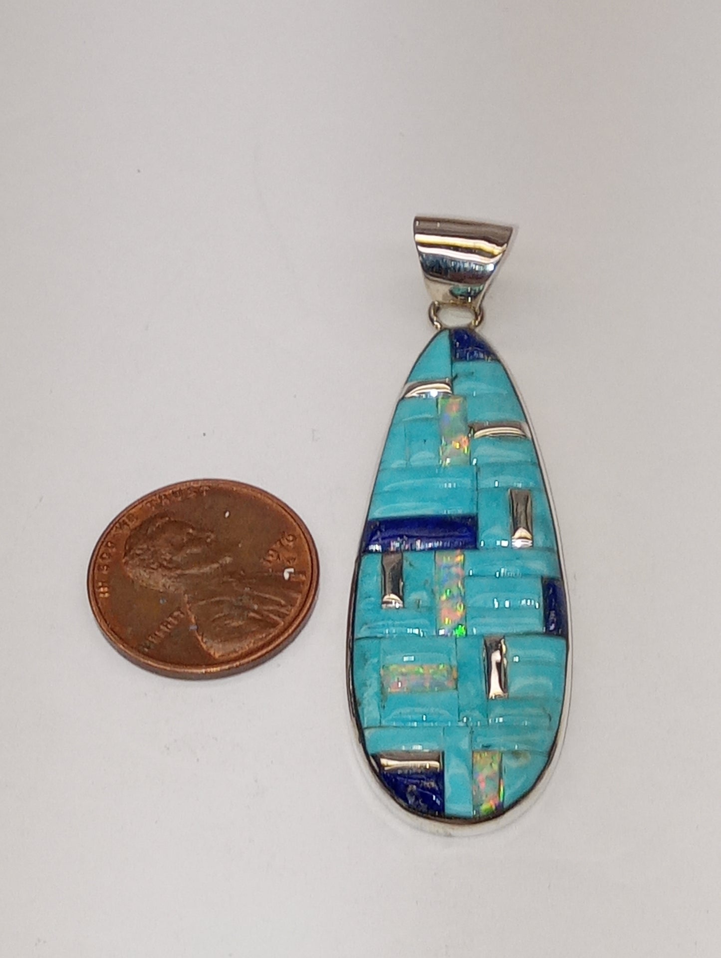 pendant Santa Fe Style multi-gemstone, lab created opal, in sterling silver