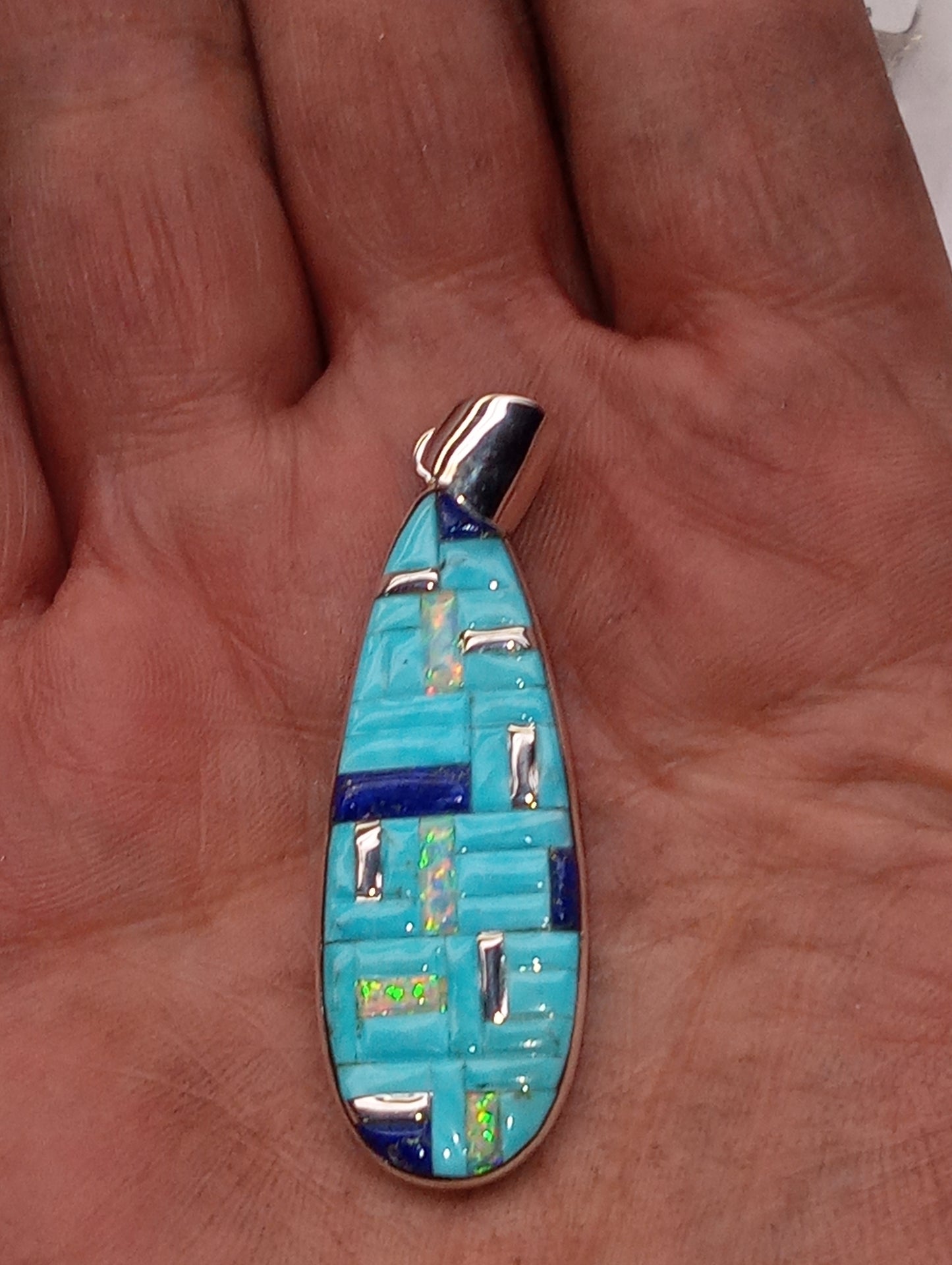 pendant Santa Fe Style multi-gemstone, lab created opal, in sterling silver