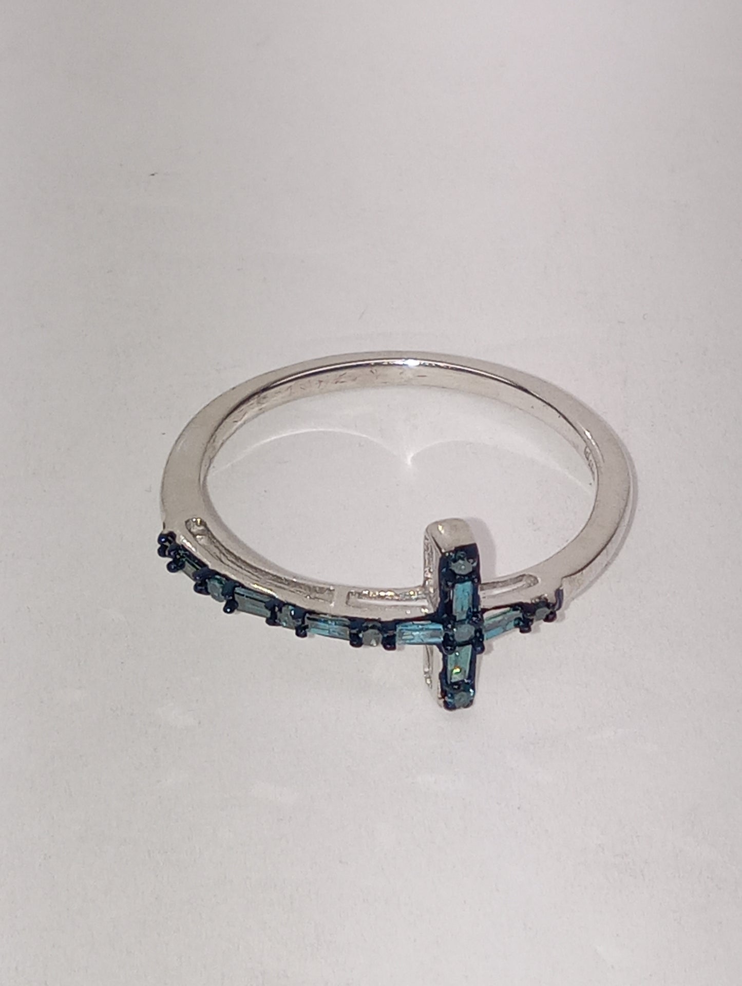 ring Blue diamond (IR), cross, in platinum over sterling silver, size 10, .25ctw