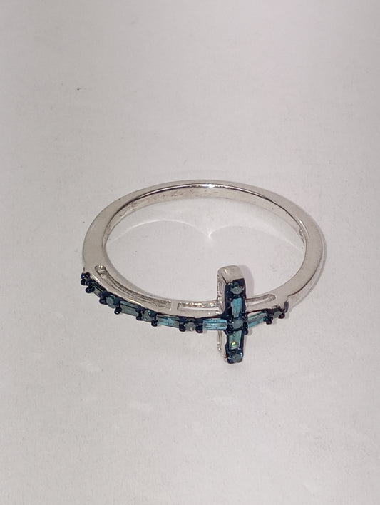 ring Blue diamond (IR), cross, in platinum over sterling silver, size 10, .25ctw