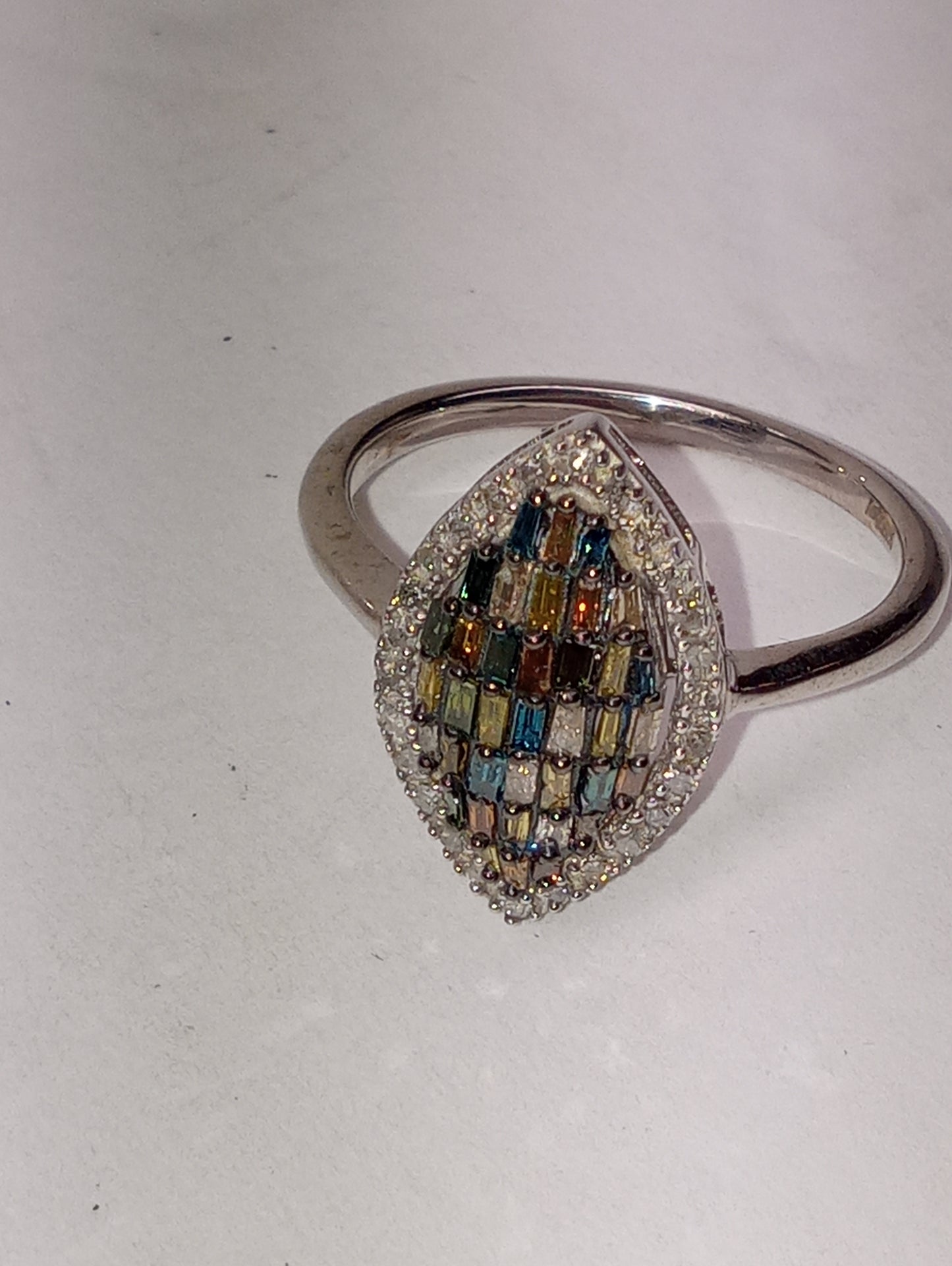 ring multi diamond natural and IR, marquise shape cluster in rhodium and platinum over sterling silver, size 9, .5ctw