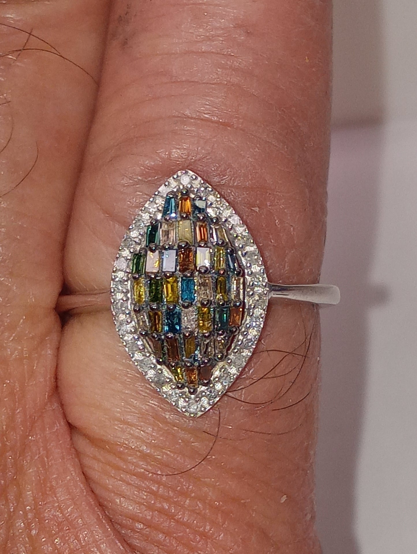 ring multi diamond natural and IR, marquise shape cluster in rhodium and platinum over sterling silver, size 9, .5ctw