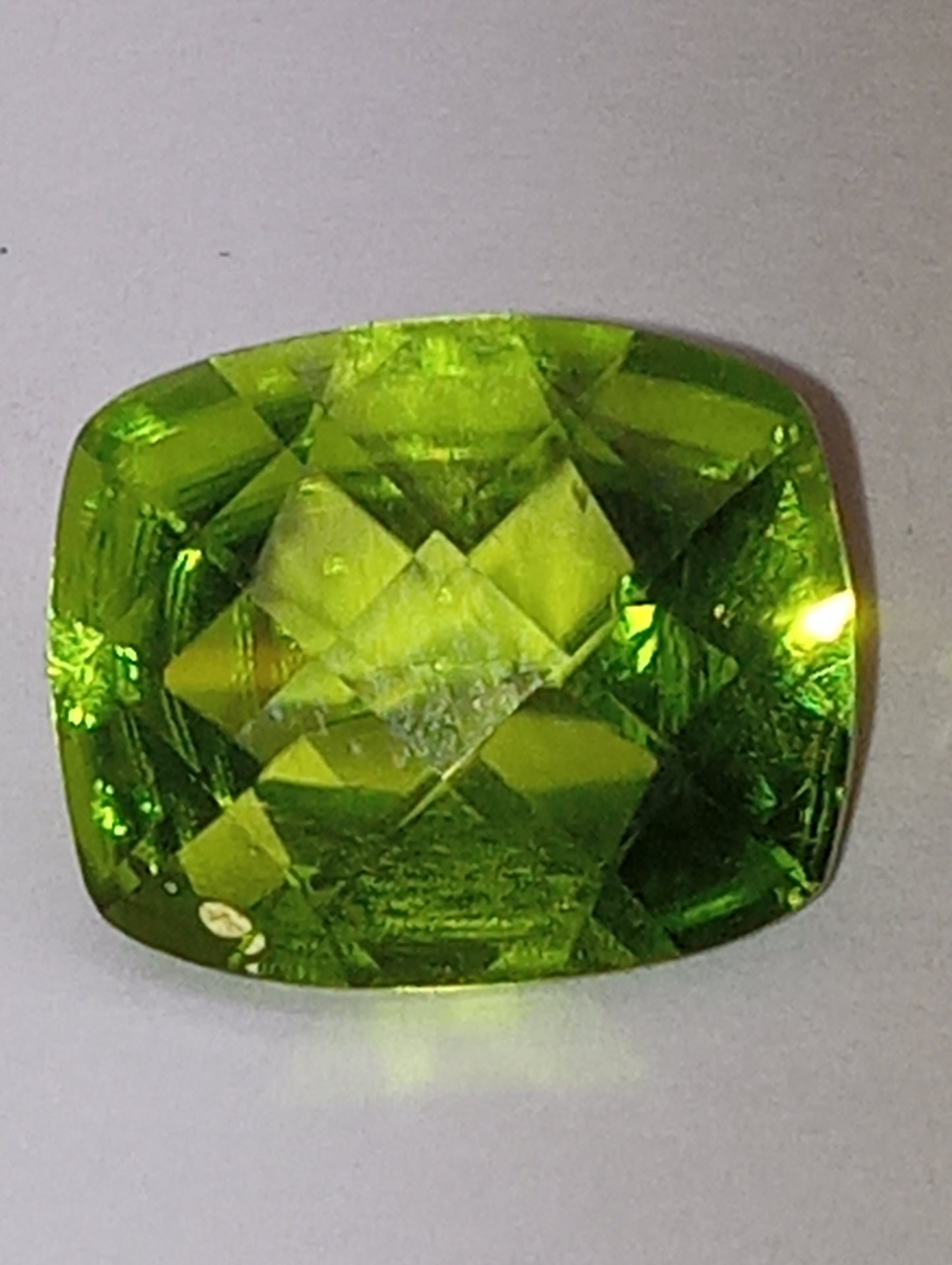 peridot gemstone Burma, 12mmx10mm cushion cut, 4.64ct