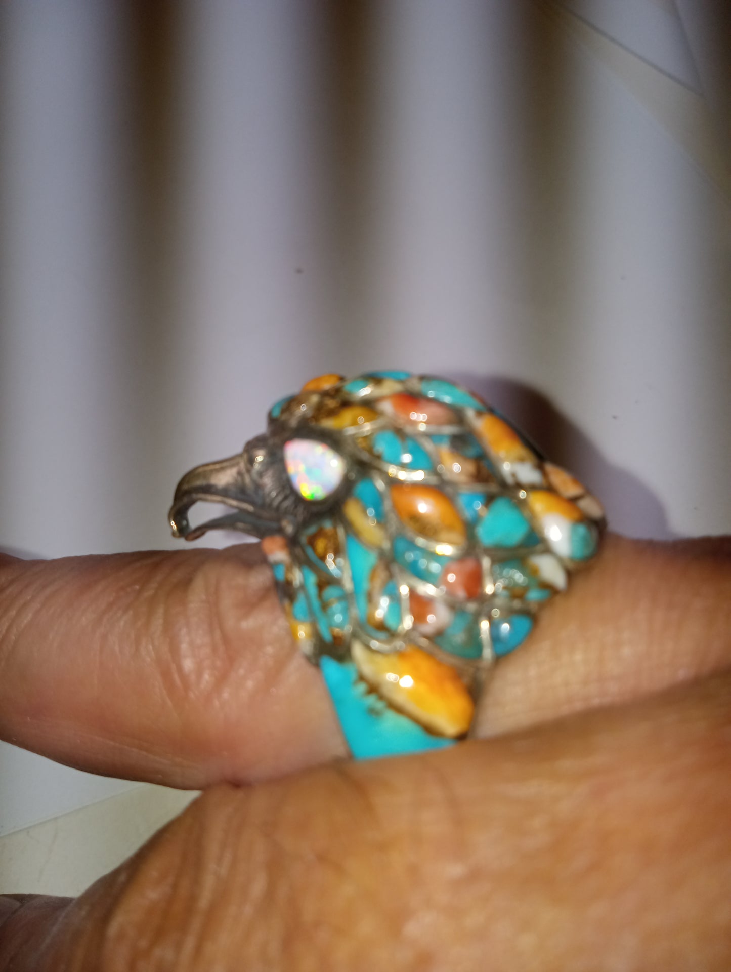 ring Santa Fe Style, Spiney Turquoise, Lab Created opal, Hawk head, in sterling silver, size 11, 14.040g, 3.50ctw