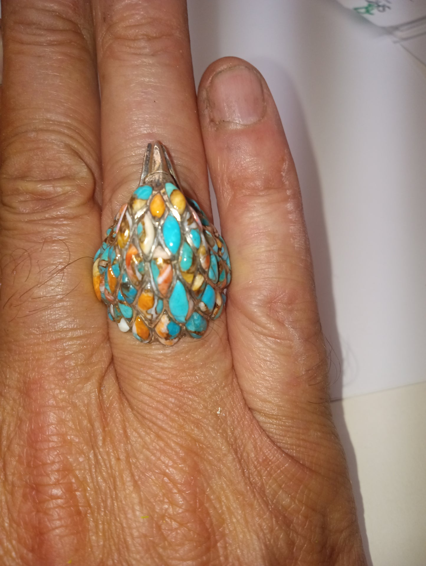 ring Santa Fe Style, Spiney Turquoise, Lab Created opal, Hawk head, in sterling silver, size 11, 14.040g, 3.50ctw