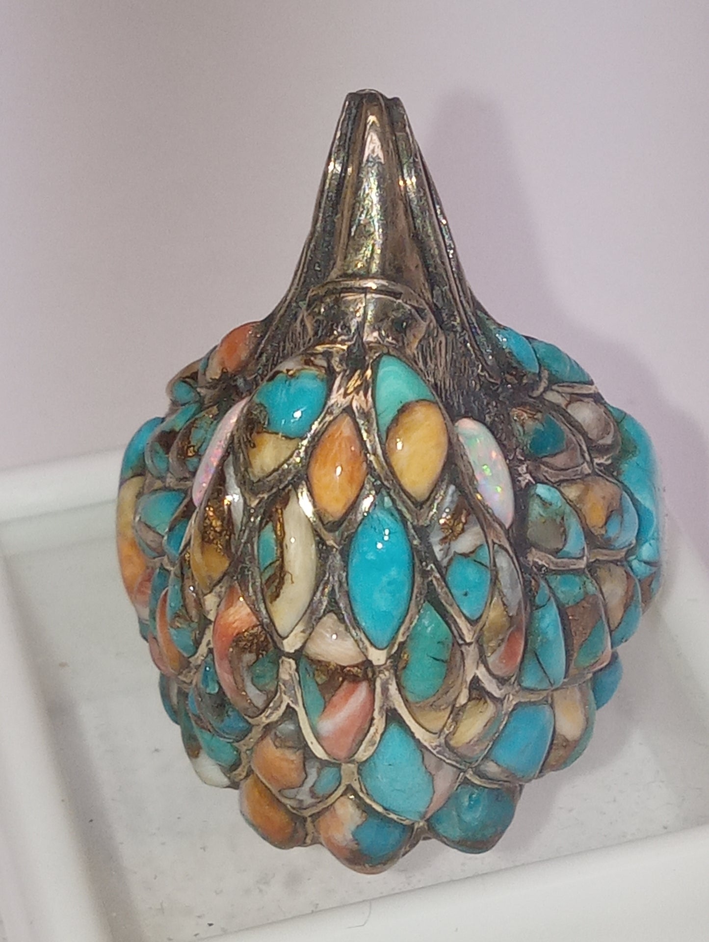 ring Santa Fe Style, Spiney Turquoise, Lab Created opal, Hawk head, in sterling silver, size 11, 14.040g, 3.50ctw