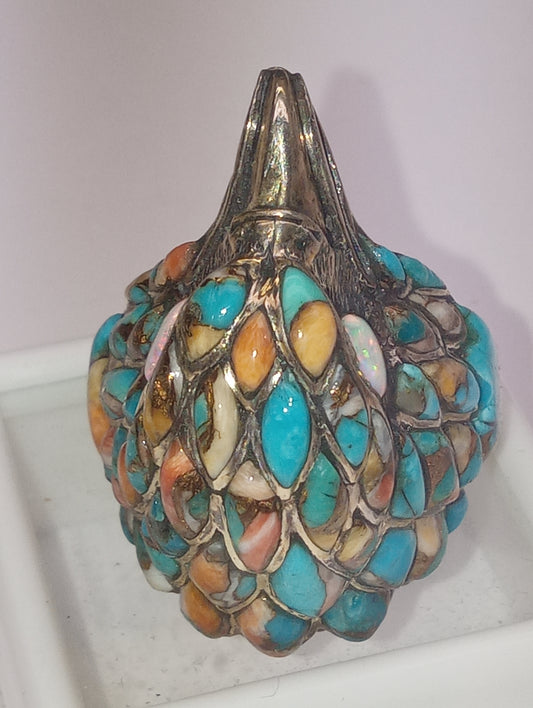 ring Santa Fe Style, Spiney Turquoise, Lab Created opal, Hawk head, in sterling silver, size 11, 14.040g, 3.50ctw
