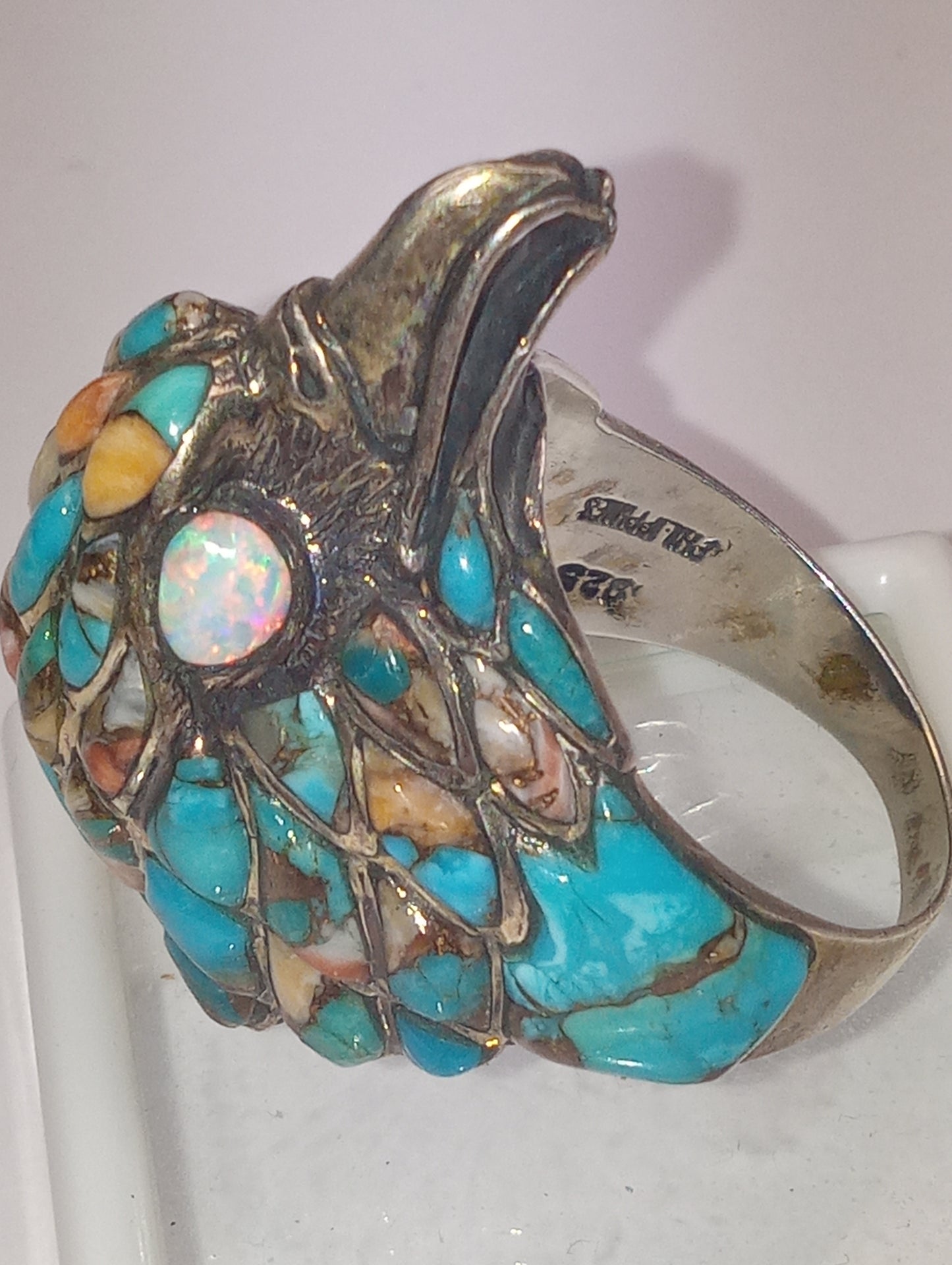 ring Santa Fe Style, Spiney Turquoise, Lab Created opal, Hawk head, in sterling silver, size 11, 14.040g, 3.50ctw