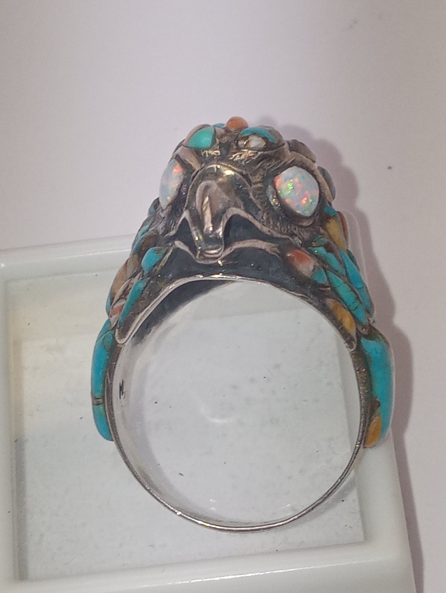 ring Santa Fe Style, Spiney Turquoise, Lab Created opal, Hawk head, in sterling silver, size 11, 14.040g, 3.50ctw