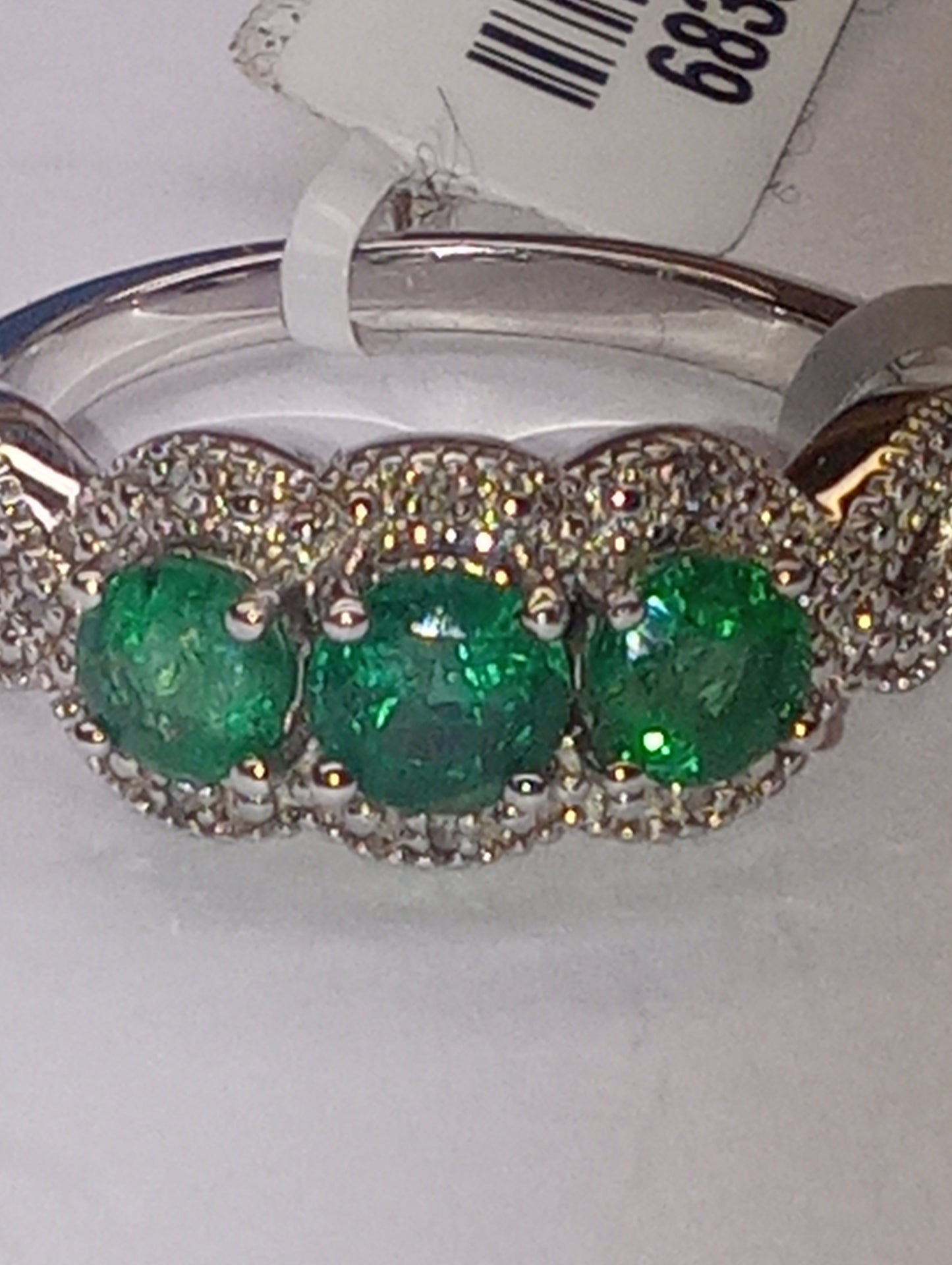 ring emerald Zambian, intense green AAA grade, diamond line with twisted band, in rhodium  over sterling silver, size8, 1.30ctw