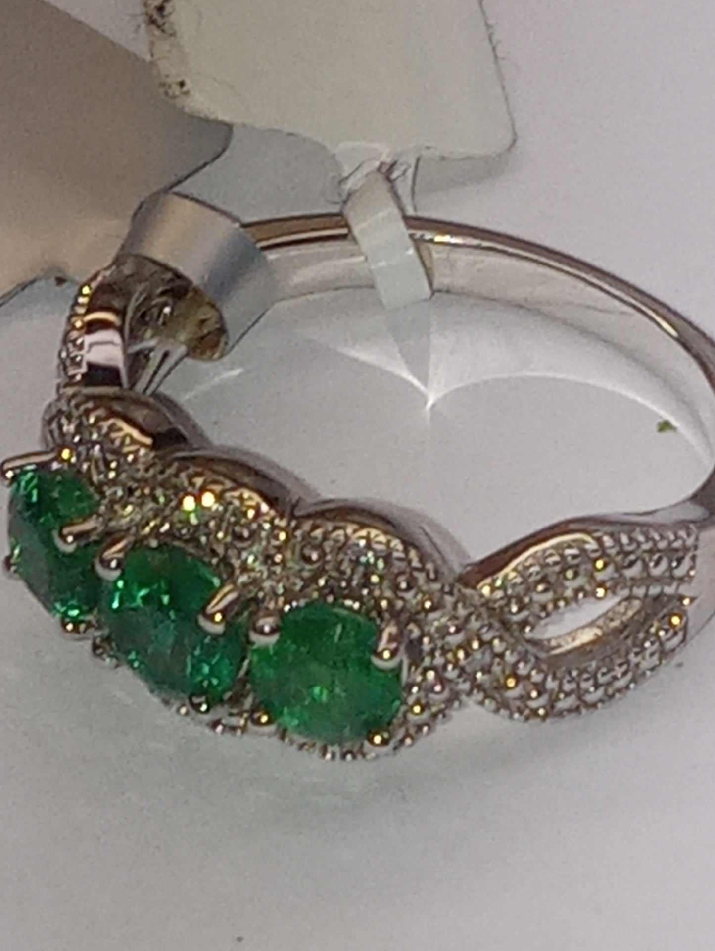 ring emerald Zambian, intense green AAA grade, diamond line with twisted band, in rhodium  over sterling silver, size8, 1.30ctw