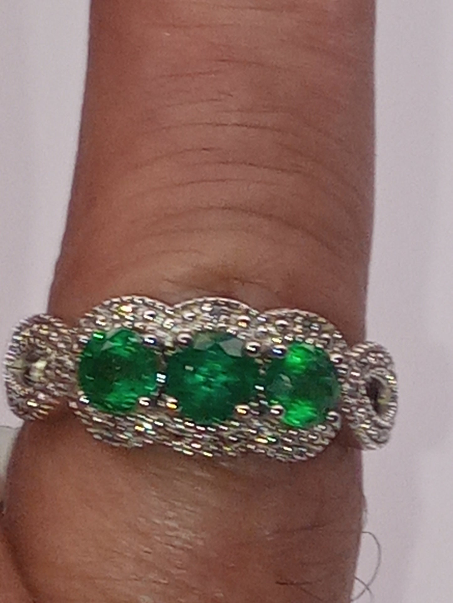 ring emerald Zambian, intense green AAA grade, diamond line with twisted band, in rhodium  over sterling silver, size8, 1.30ctw