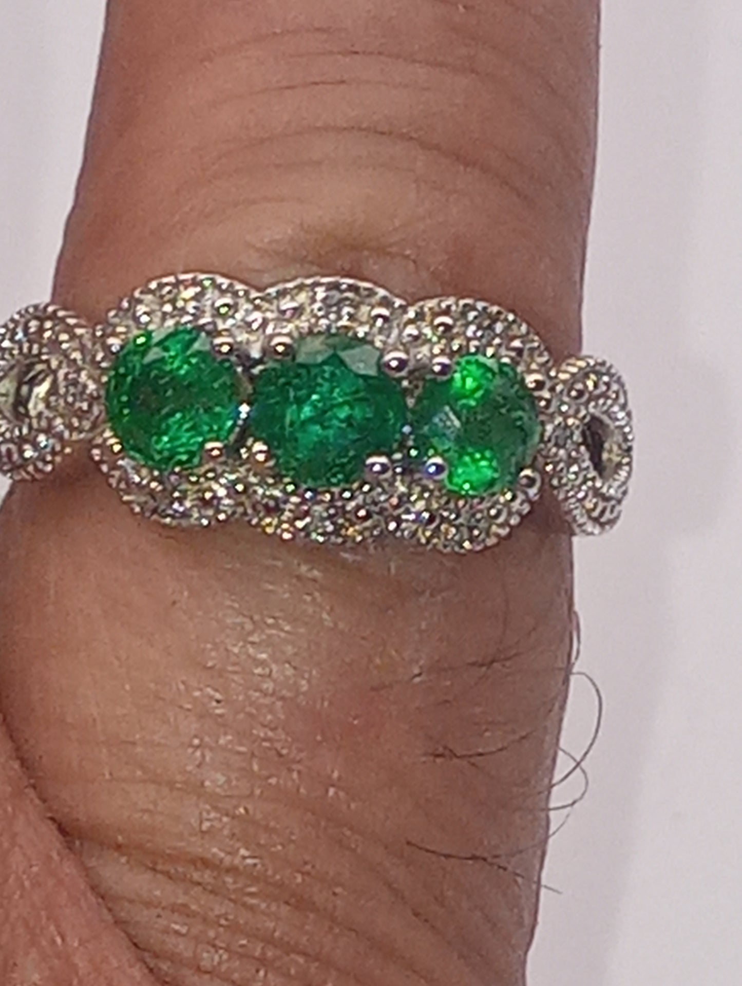 ring emerald Zambian, intense green AAA grade, diamond line with twisted band, in rhodium  over sterling silver, size8, 1.30ctw