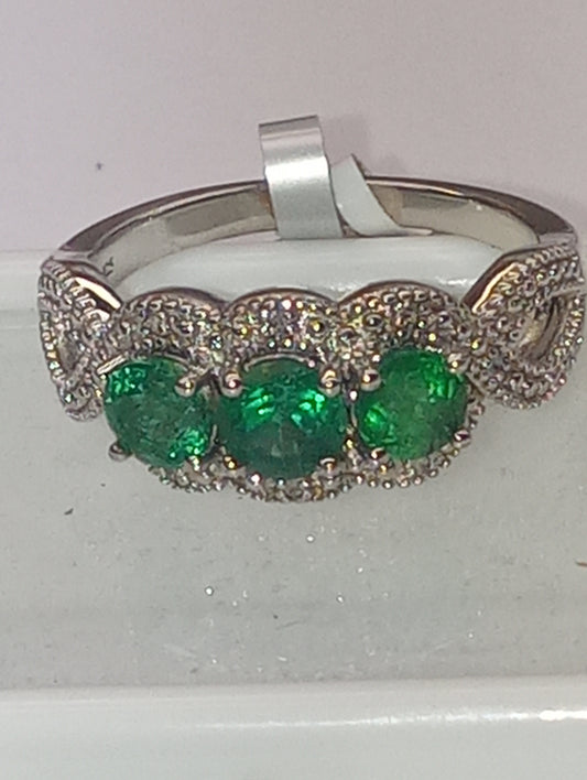 ring emerald Zambian, intense green AAA grade, diamond line with twisted band, in rhodium  over sterling silver, size8, 1.30ctw